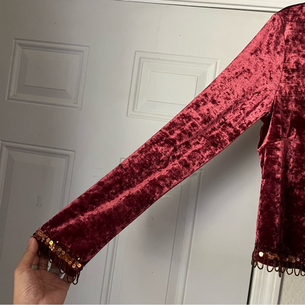 BY DEEP LOS ANGELES vintage burgundy red crushed velvet sequin beaded fringe top - Picture 3 of 8